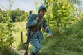 The machine gunner of the Polish army on the march Royalty Free Stock Photo